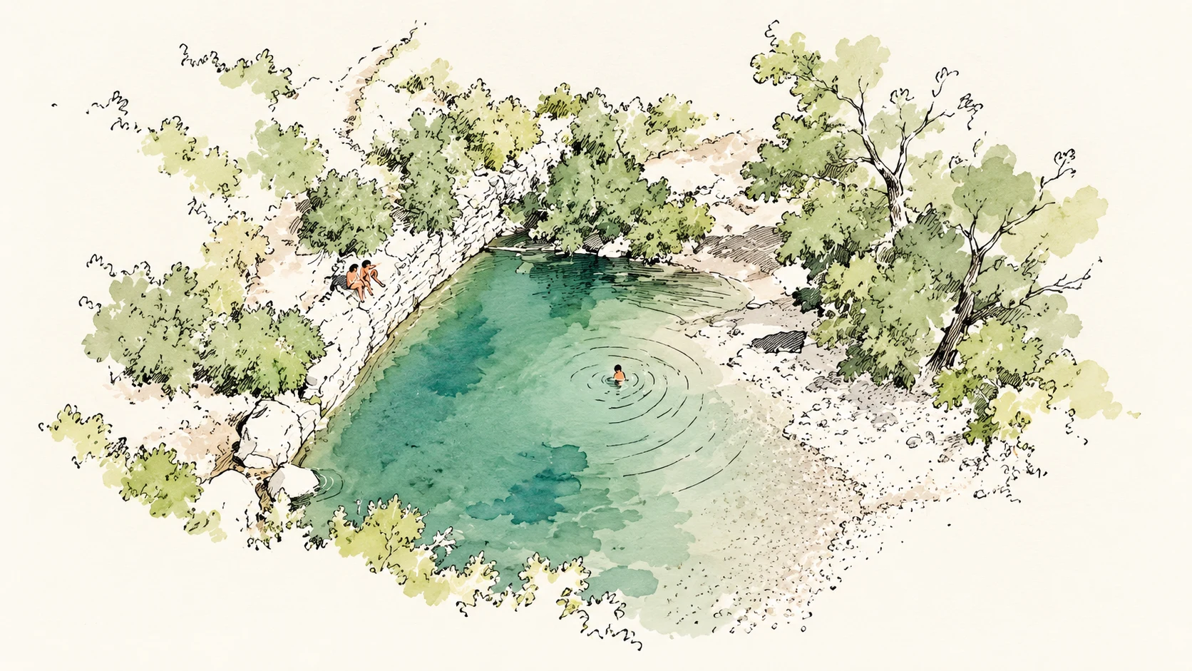 Aquarelle et encre du bassin de Launette vu du dessus : le muret de pierre, les arbres, une personne qui nage et deux qui se reposent sur le muret